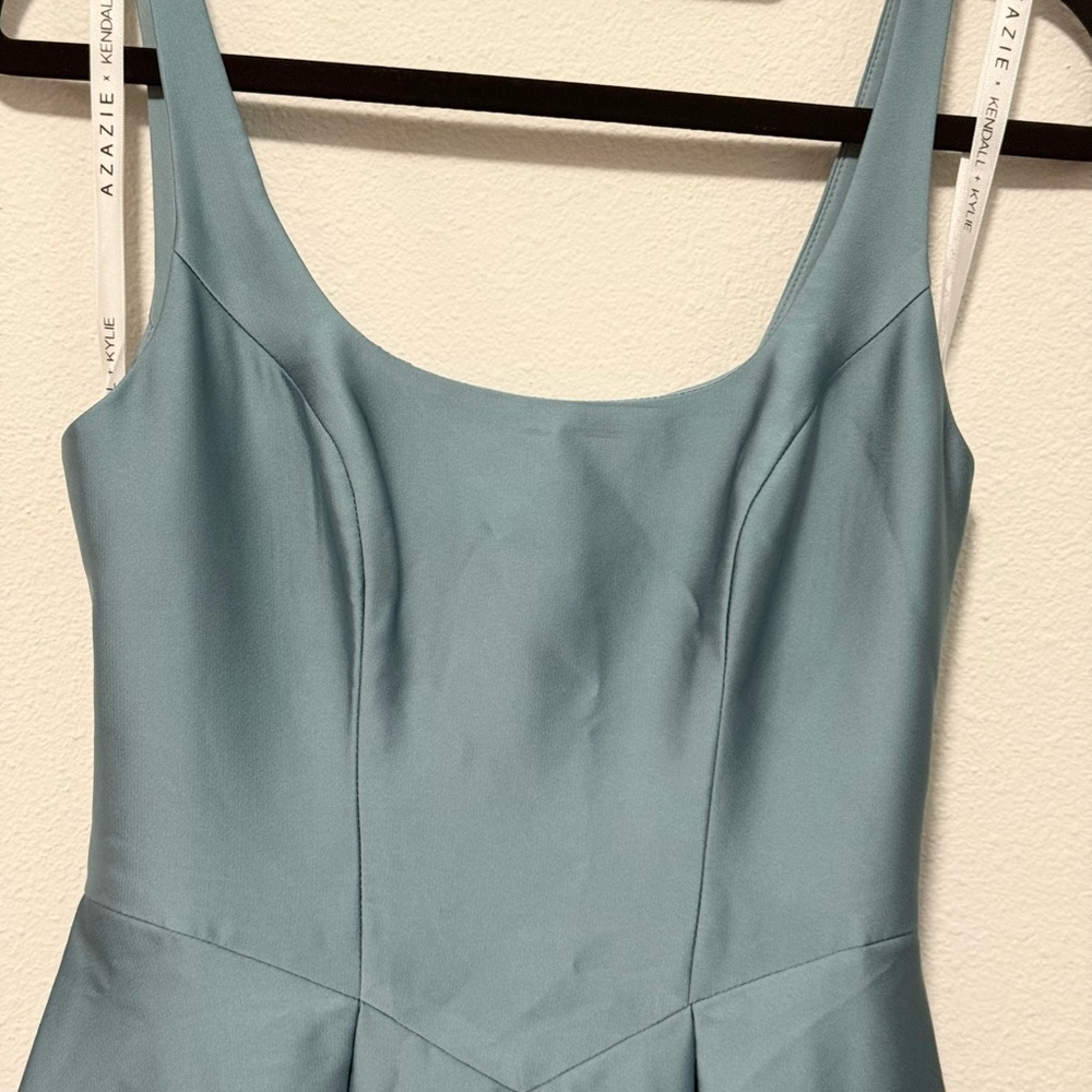 Azazie Kendall + Kylie Dusty Blue Satin Maxi Dress - Picture 6 of 8